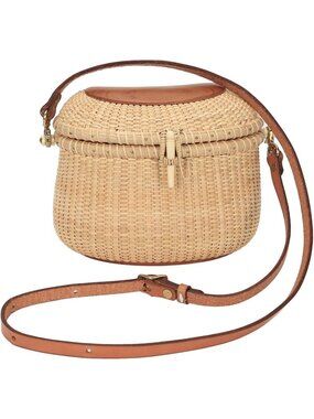Chic Handwoven Rattan Crossbody Bag with Leather Straps - Natural Basket Purse